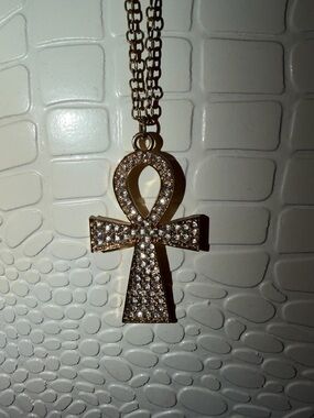Gold Ankh Pendant Necklace with Clear Crystal Accents